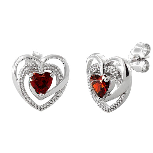 Sterling Silver Precious Heart Garnet CZ Earrings