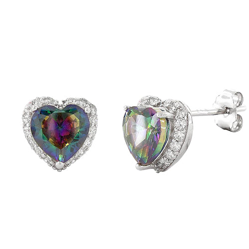 Sterling Silver Heart Rainbow CZ Earrings