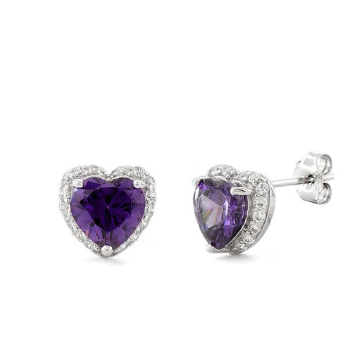 Sterling Silver Heart Shape Amethyst CZ Earrings