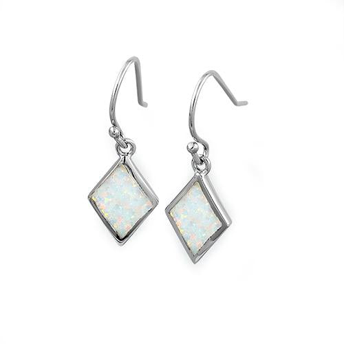 Sterling Silver Dangling Diamond Shaped White Lab Opal Earrings