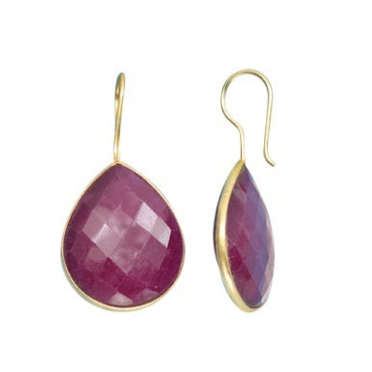 Gold Plated over Silver Bezelled Earrings Dyed Ruby Pear 24 x 20mm