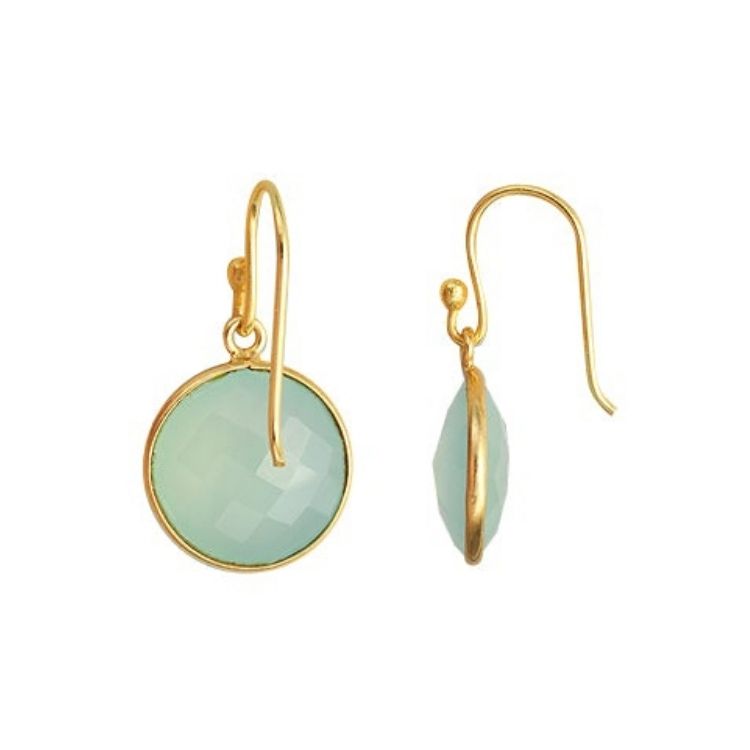 Gold Plated over Silver Bezelled Earrings Sea Green Chalcedony Round 16mm