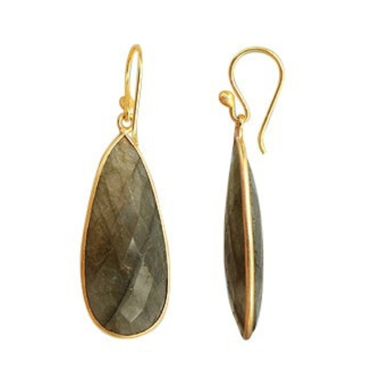 Gold Plated over Silver Bezelled Earrings Labradorite Teardrop 16 x 37mm