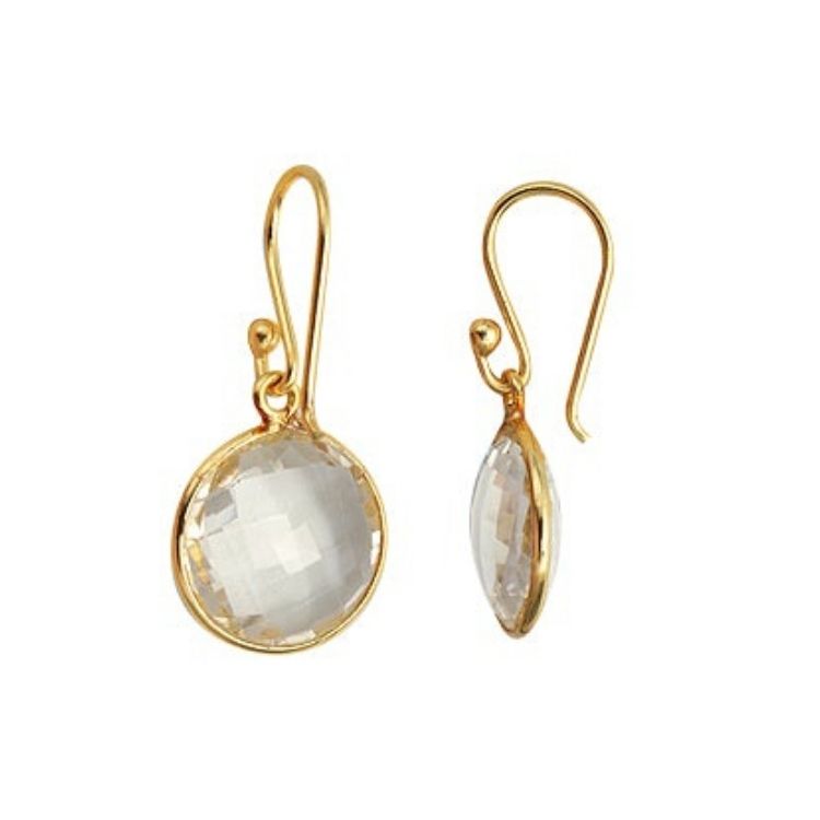 Gold Plated over Silver Bezelled Earrings Clear Quartz Round 16mm