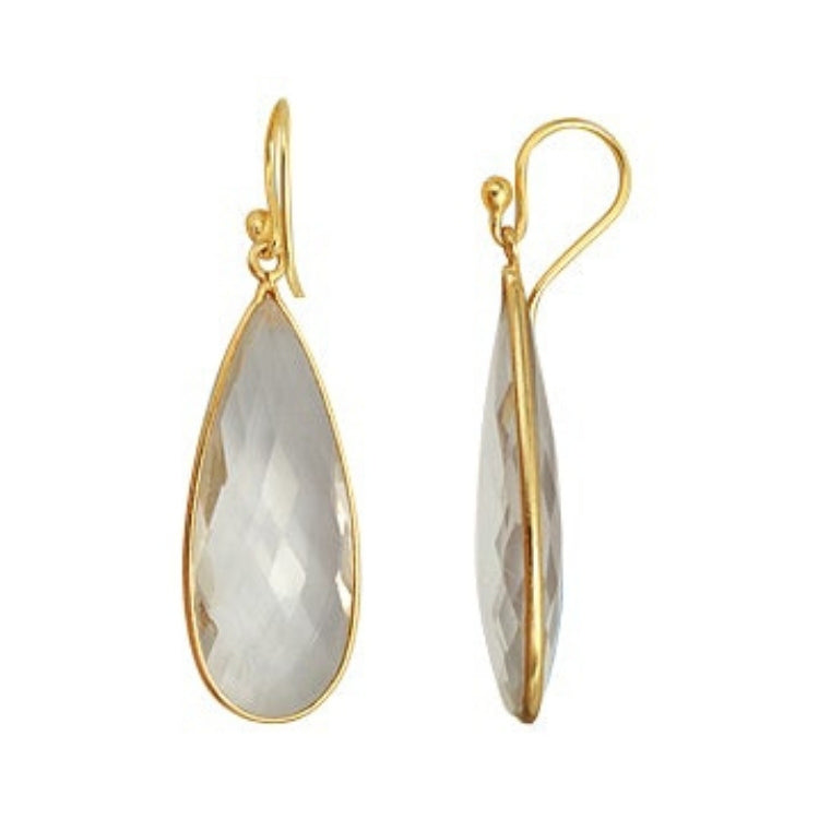 Gold Plated over Silver Bezelled Earrings Clear Quartz Teardrop 16 x 37mm