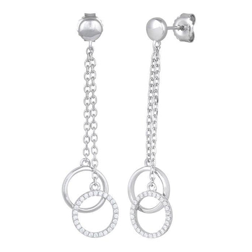 Sterling Silver Double Circle CZ Dangle Earrings