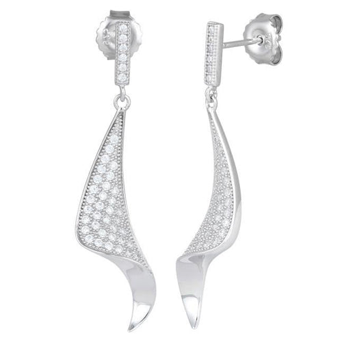 Sterling Silver Wave CZ Dangle Earrings