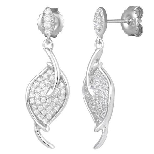 Sterling Silver Big Leaf CZ Dangle Earrings