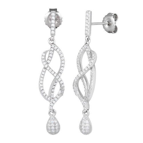 Sterling Silver Twisted Drop CZ Dangle Earrings