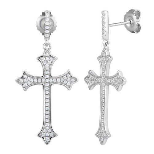Sterling Silver Cross CZ Dangle Earrings