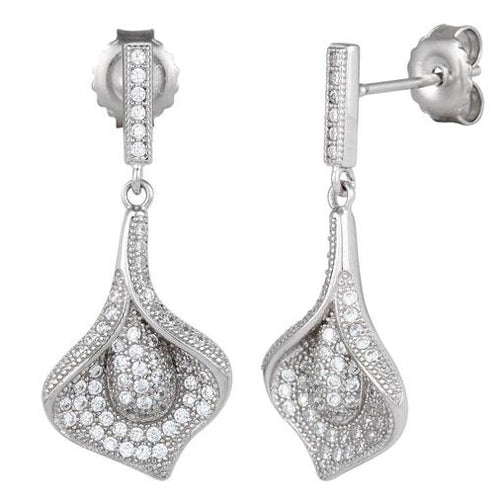 Sterling Silver Pave Flower CZ Dangle Earrings