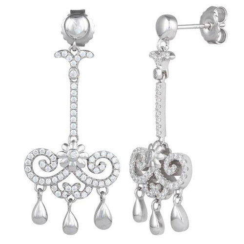 Sterling Silver Flower Chandelier CZ Dangle Earrings