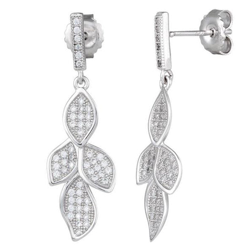 Sterling Silver Pave Leaves CZ Dangle Earrings
