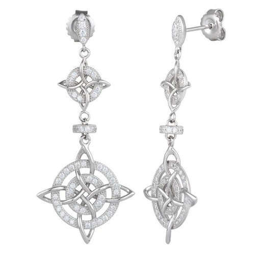 Sterling Silver Double Cross CZ Dangle Earrings