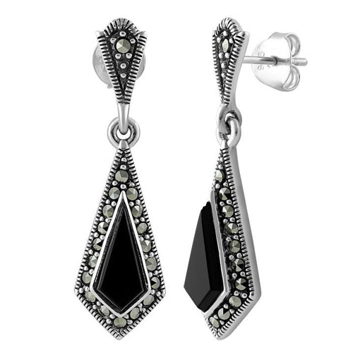 Sterling Silver Kite Black Onyx Marcasite Earrings