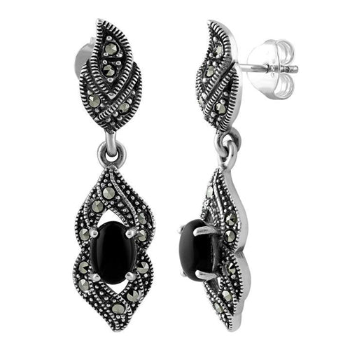 Sterling Silver Fire Oval Black Onyx Marcasite Earrings