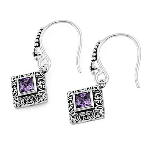 Sterling Silver Ornate Square Cut Amethyst CZ Earrings