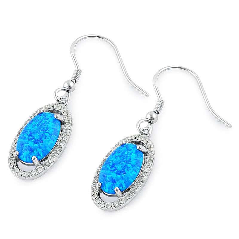 Sterling Silver Blue Lab Opal & Clear CZ Oval Hook Earrings