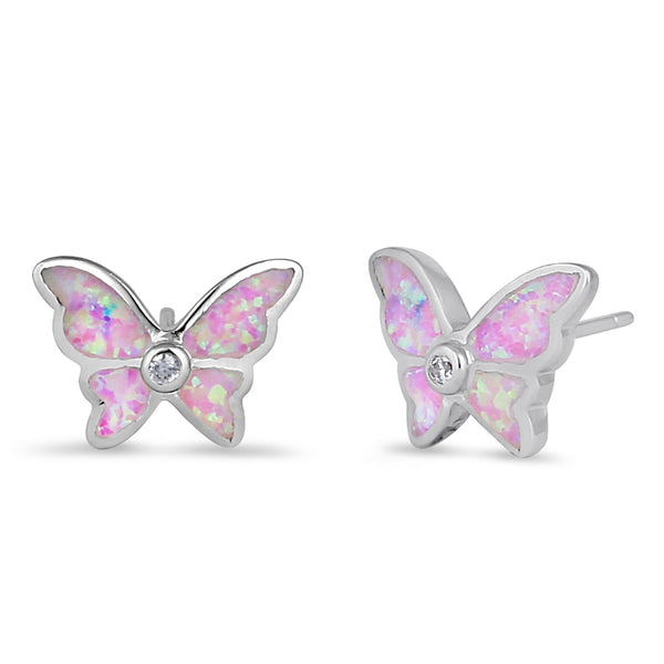 Sterling Silver Pink Lab Opal Butterfly CZ Earrings