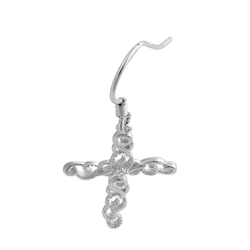 Sterling Silver Center CZ Dangle Cross Filigree Earrings