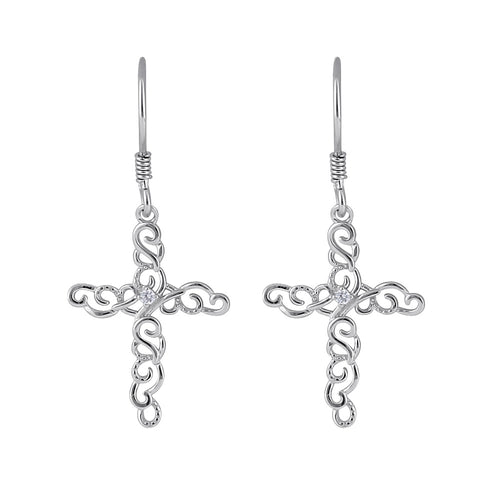 Sterling Silver Center CZ Dangle Cross Filigree Earrings