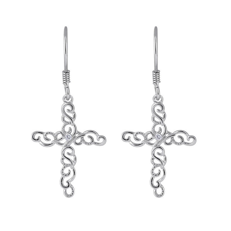 Sterling Silver Center CZ Dangle Cross Filigree Earrings