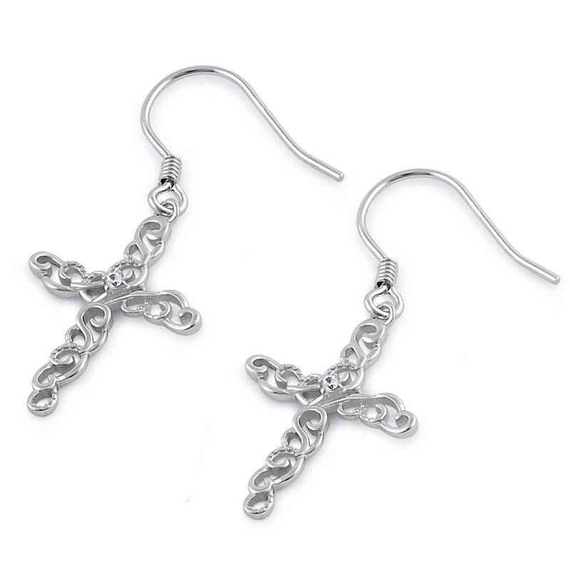 Sterling Silver Center CZ Dangle Cross Filigree Earrings