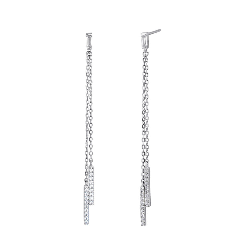 Sterling Silver Chain and Clear CZ Bar Dangling Earrings