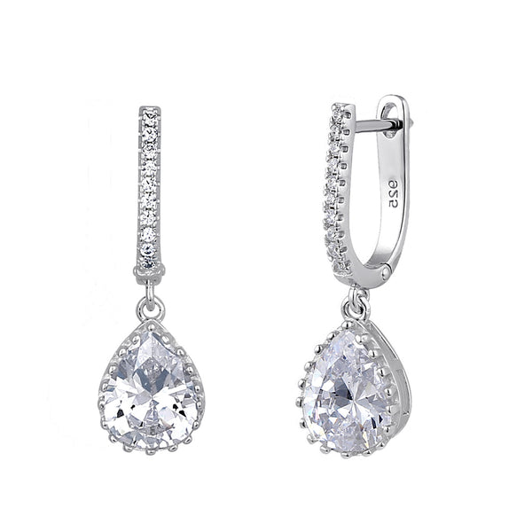 Sterling Silver Clear CZ Drop Dangle Hoop Earrings