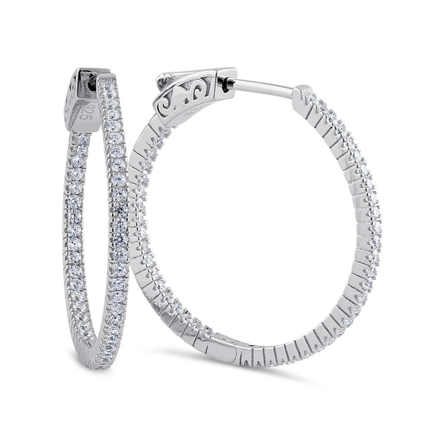 Sterling Silver 24.0mm x 1.5mm Clear CZ Hoop Earrings