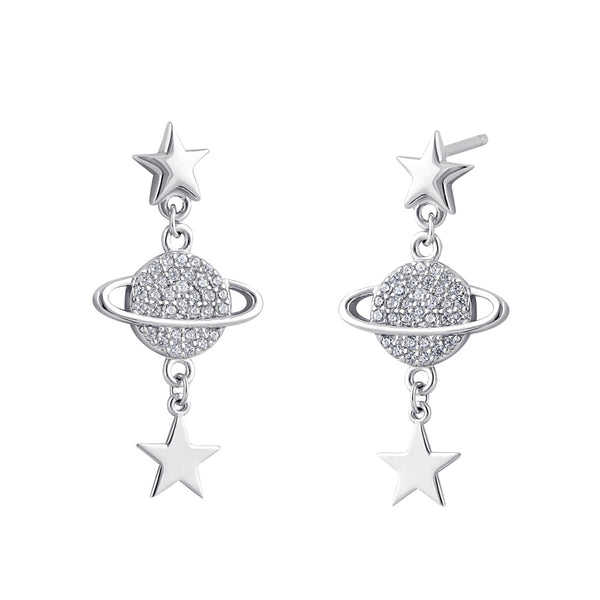 Sterling Silver Clear CZ Planet and Star Dangle Earrings