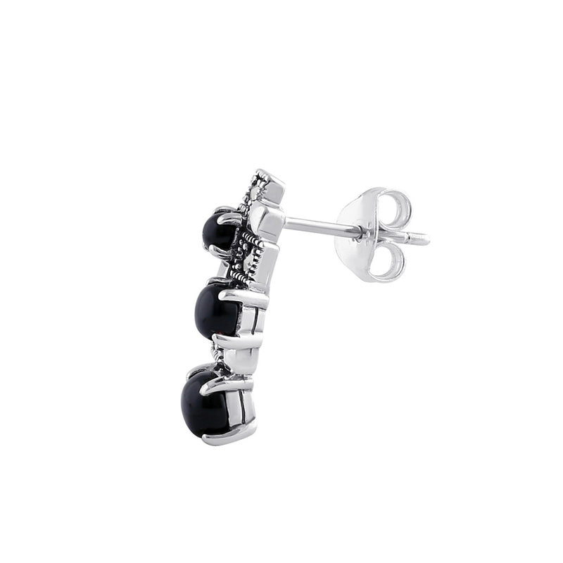 Sterling Silver Onyx Beaded Marcasite Stud Earrings
