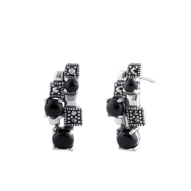 Sterling Silver Onyx Beaded Marcasite Stud Earrings