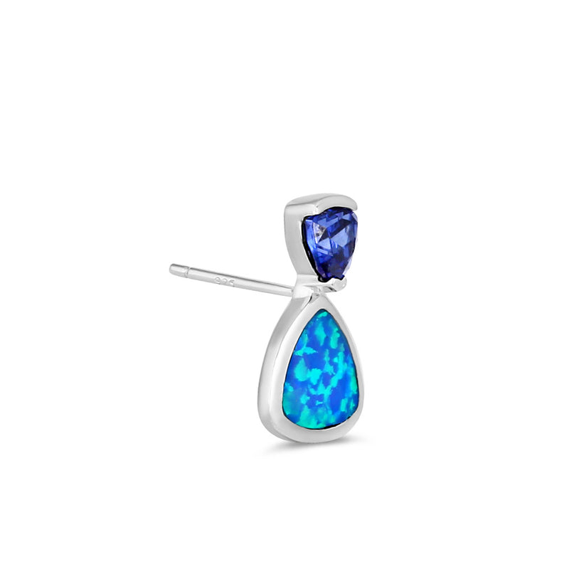 Sterling Silver Tanzanite CZ Trillion Blue Lab Opal Drop Earrings