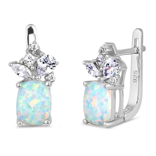 Sterling Silver White Lab Opal Squoval CZ Cluster Earrings
