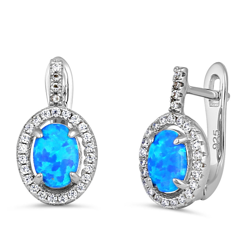 Sterling Silver Blue Lab Opal Oval Halo Earrings