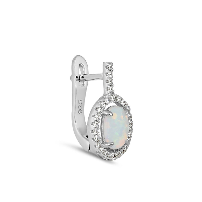 Sterling Silver White Lab Opal Oval Halo Earrings