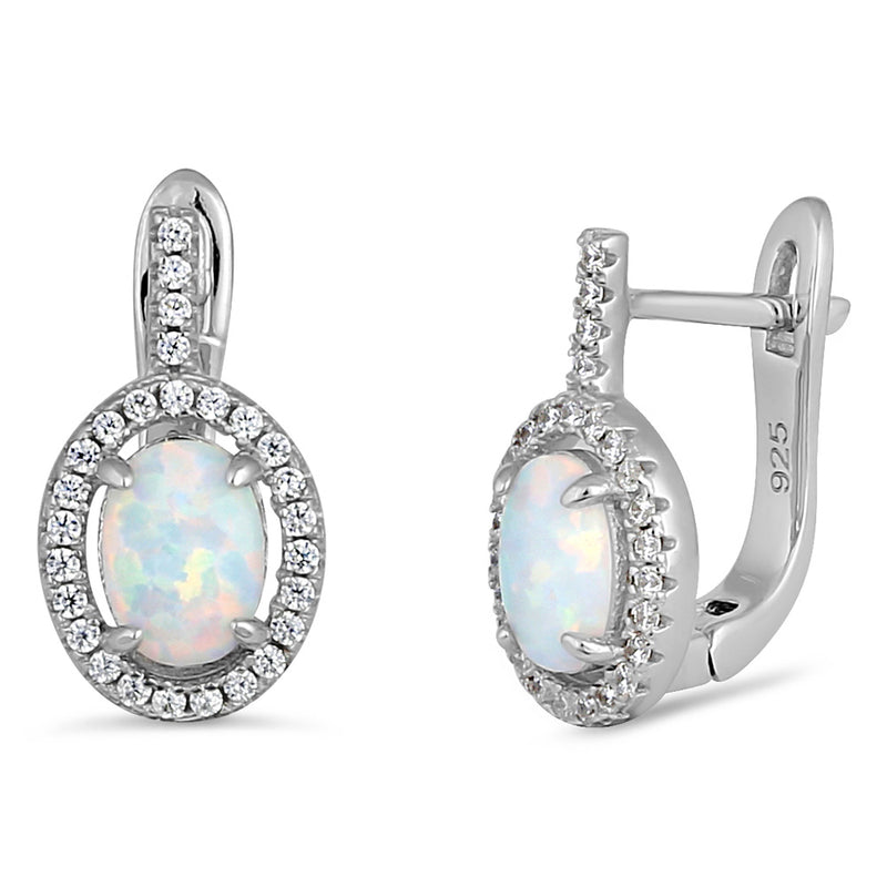 Sterling Silver White Lab Opal Oval Halo Earrings