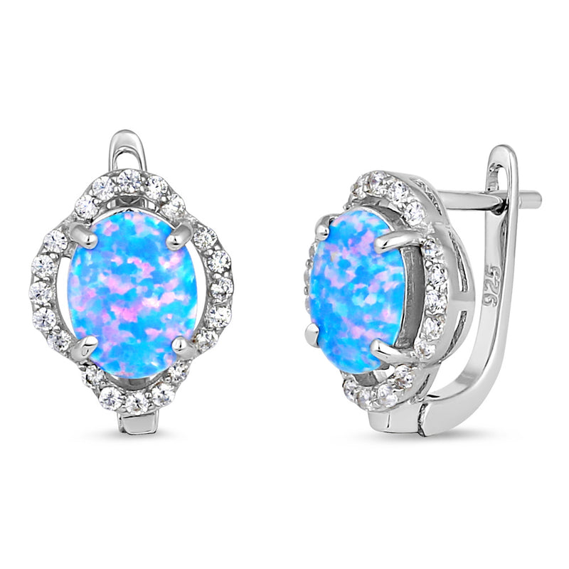 Sterling Silver Elegant Blue Lavender Lab Opal Oval CZ Halo Earrings