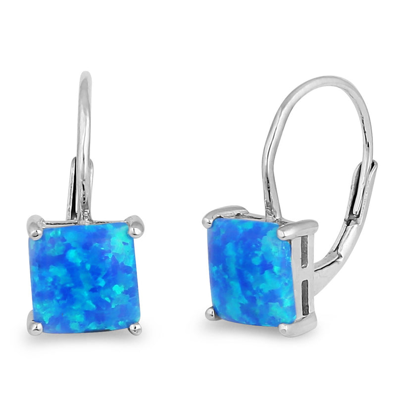 Sterling Silver Elegant Blue Lab Opal Square Earrings