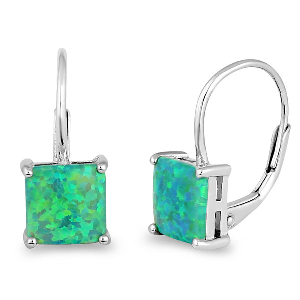 Sterling Silver Elegant Green Lab Opal Square Earrings