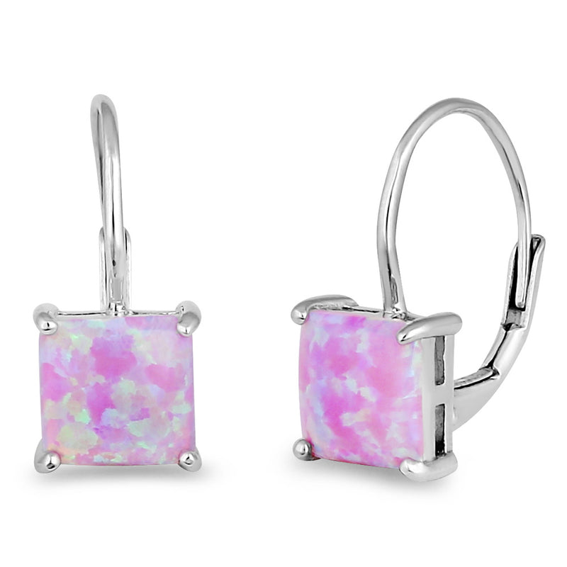 Sterling Silver Elegant Pink Lab Opal Square Earrings