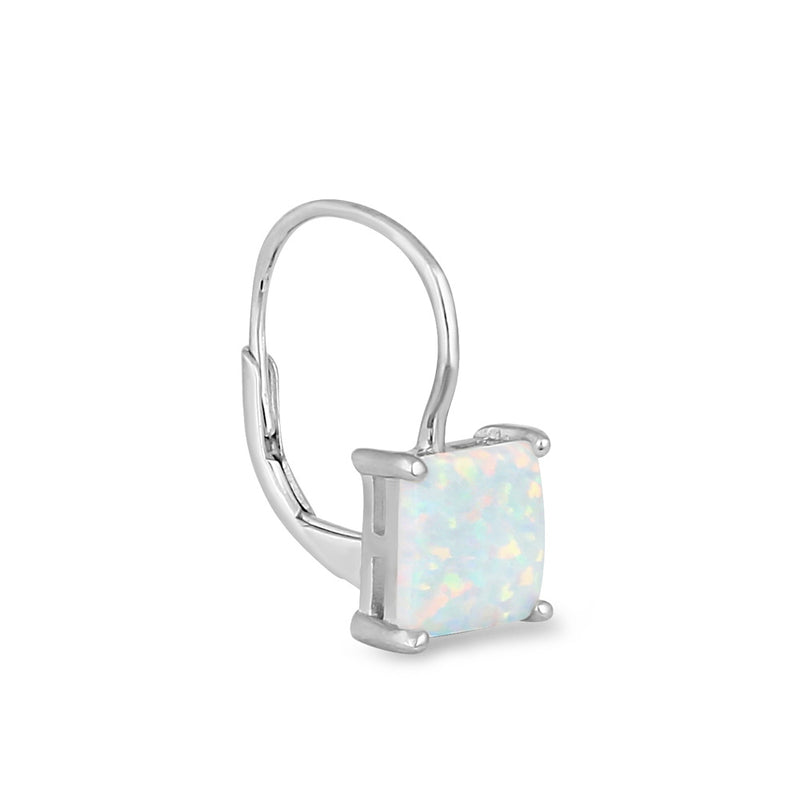 Sterling Silver Elegant White Lab Opal Square Earrings