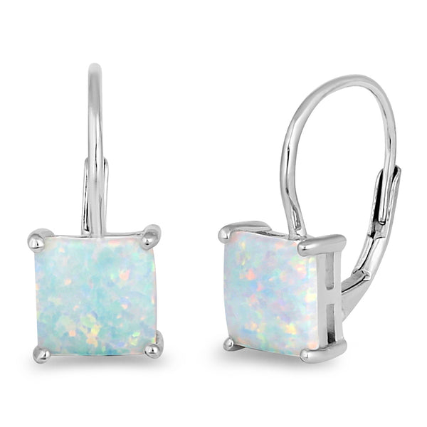 Sterling Silver Elegant White Lab Opal Square Earrings