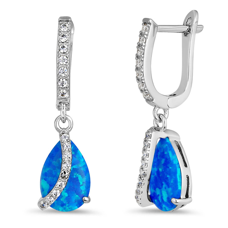 Sterling Silver Blue Lab Opal Elegant CZ Curve Earrings
