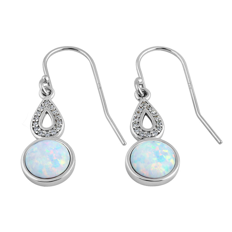 Sterling Silver White Lab Opal Semi Sphere Hollow Pear CZ Earrings