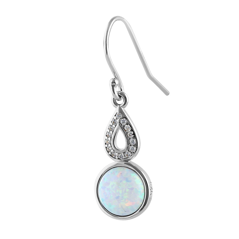Sterling Silver White Lab Opal Semi Sphere Hollow Pear CZ Earrings