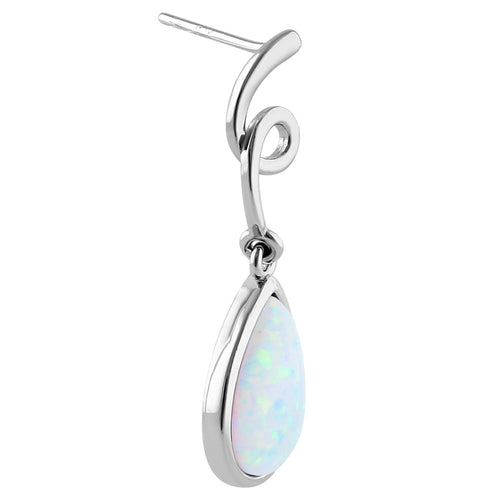 Sterling Silver White Lab Opal Twirl Dangling Pear Earrings