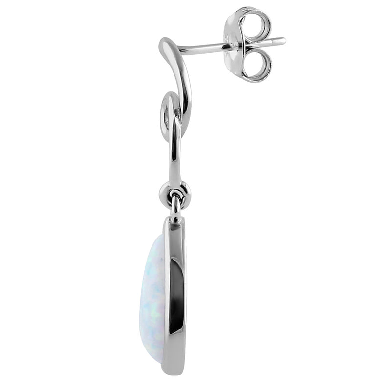 Sterling Silver White Lab Opal Twirl Dangling Pear Earrings