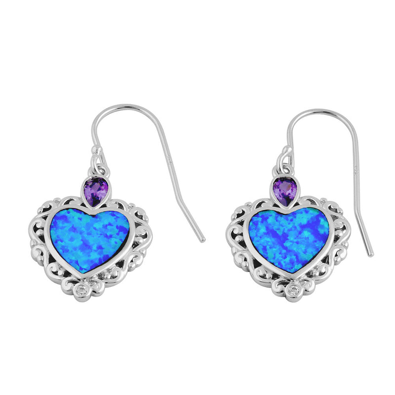Sterling Silver Blue Lab Opal Victorian Heart with Amethyst Pear CZ Earrings